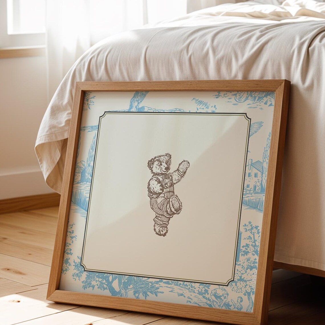 Vintage Blue Toile Waving Teddy Bear Overalls Cottage Nursery Wall Art Print