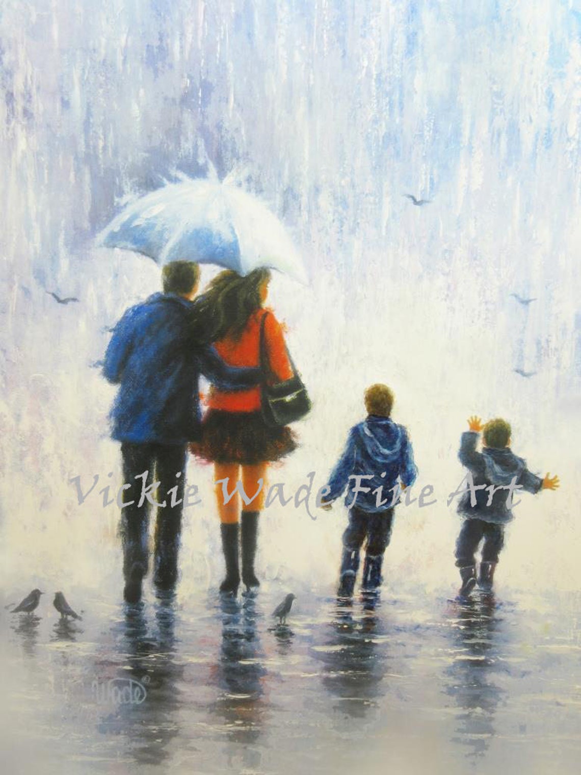 Parents and Two Sons Strolling Through Rain with Umbrella Poster