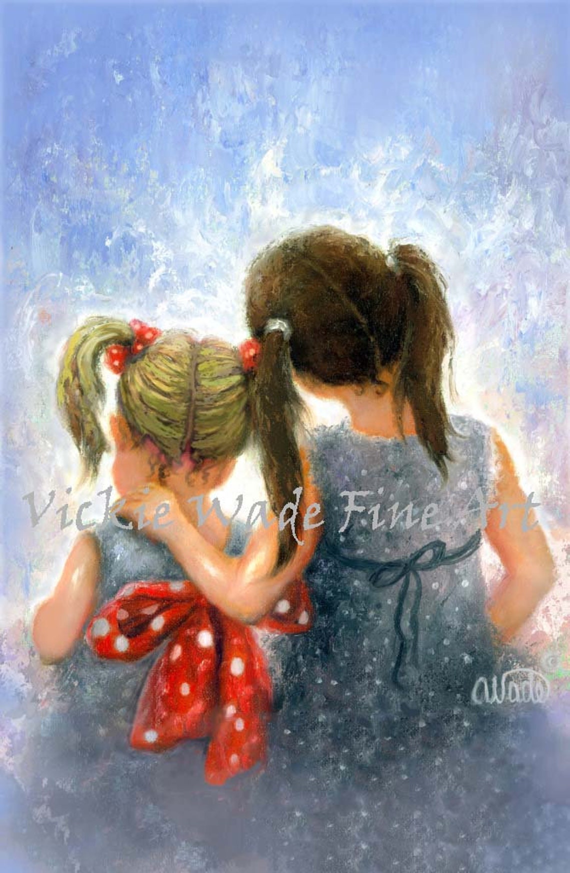 Two Little Sisters With Pigtails Hugging in a Dreamy Blue Poster