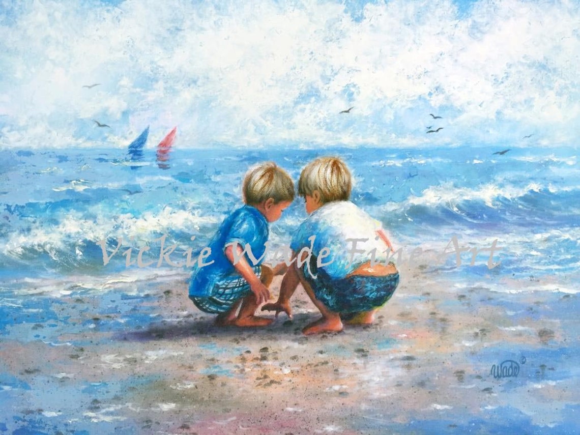 Two Little Blonde Boys Finding Seashells Together on the Beach Poster