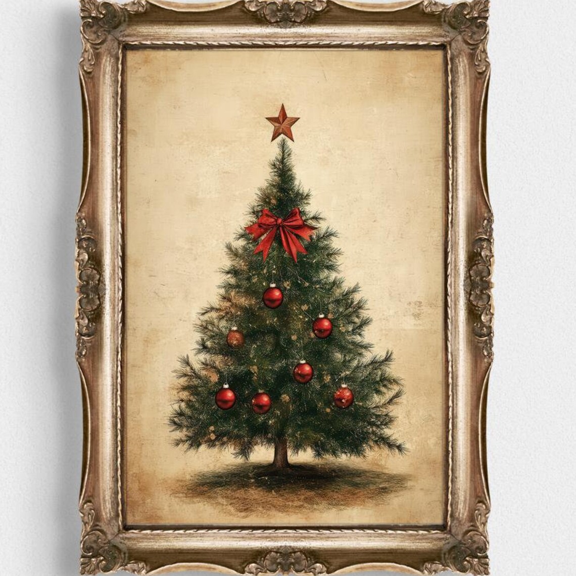 Slim Vintage Christmas Tree With Big Red Bow And Star Poster