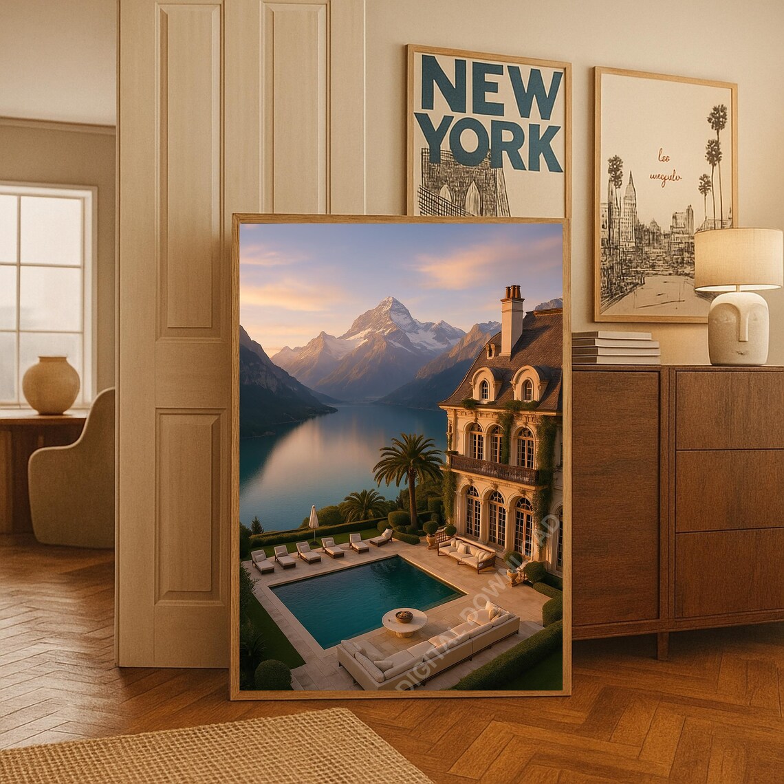 Luxury Alpine Lakeside Villa Pool Sunset Mountains Old Money Art Poster