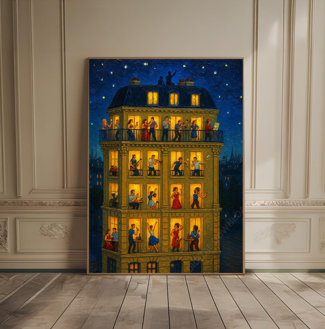 Paris Apartment Building Night Party Oil Painting European City Poster