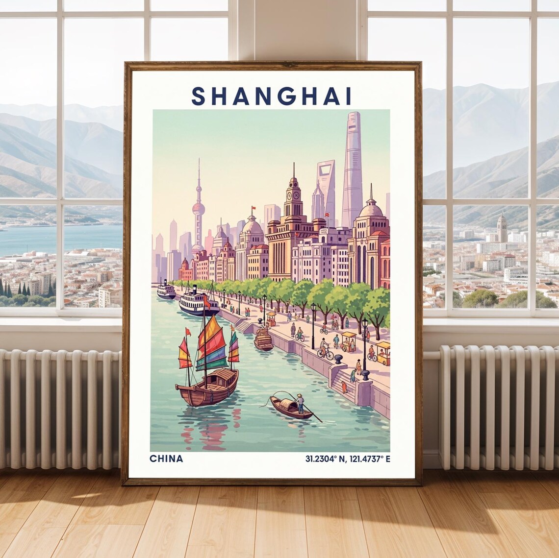 Shanghai China The Bund River Junk Boat Skyline Travel Poster