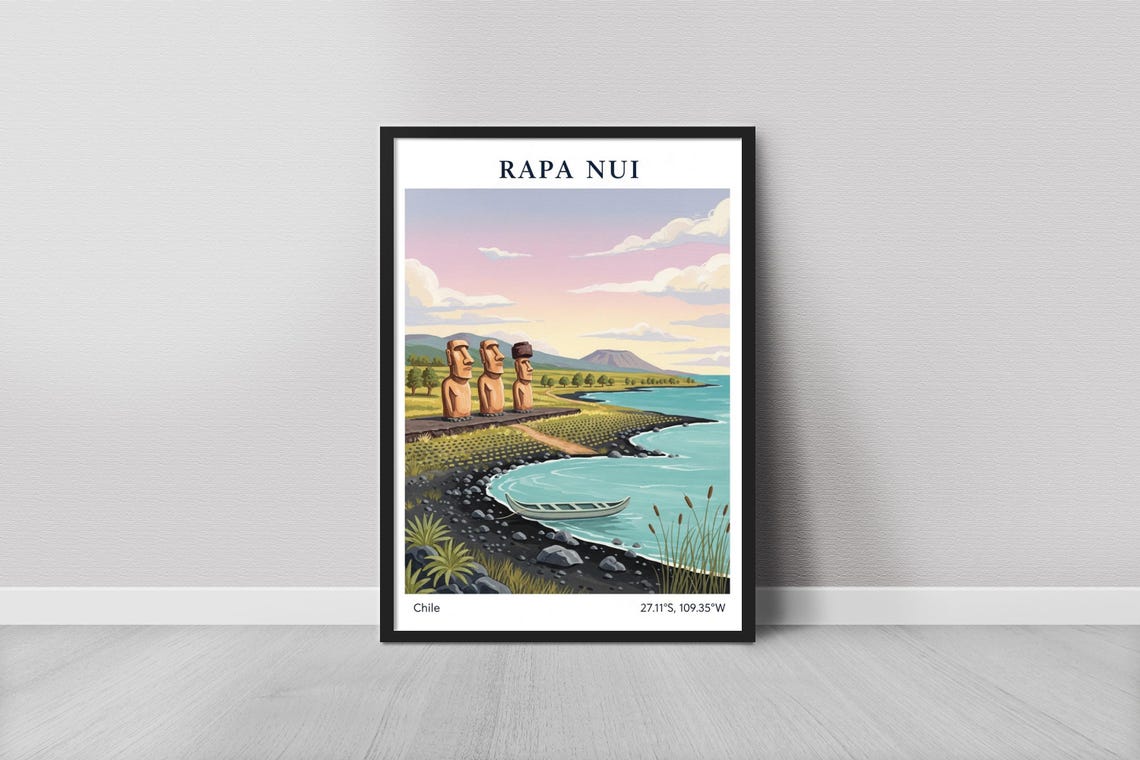 Rapa Nui Easter Island Moai Statues Chile Sunset Travel Poster