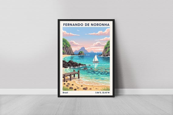 Fernando De Noronha Art Print Vintage Travel Blue Ocean And Coral Pink Sky