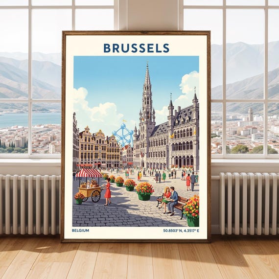 Brussels Grand Place Poster Vintage European Cityscape Illustration