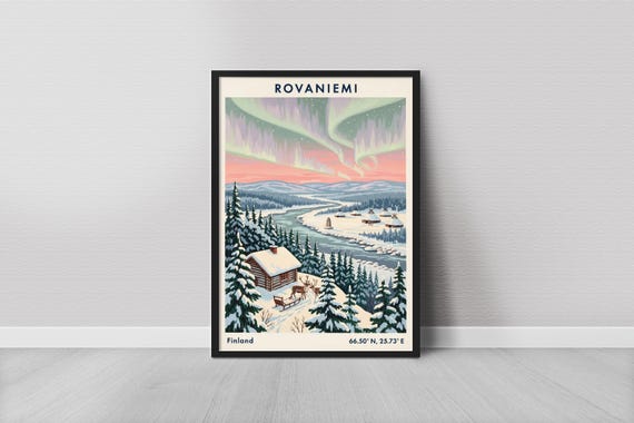 Rovaniemi Art Print Minimalist Finland Winter Scene Blue Snow Aurora Sky