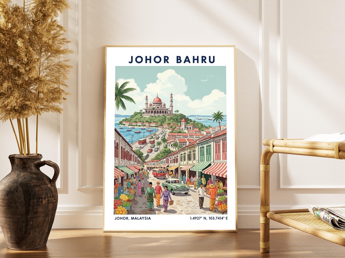 Johor Bahru Malaysia Vintage Shophouse Street And Hill Mosque Poster