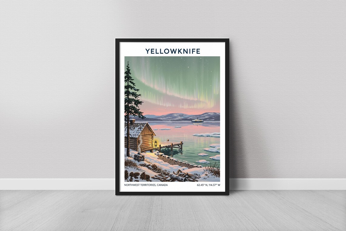 Yellowknife Northern Lights Log Cabin Snowy Lake Shore Travel Poster