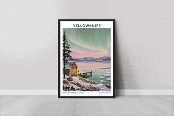 Yellowknife Art Print Minimalist Green Aurora Over Lake Scene Northwest Territories