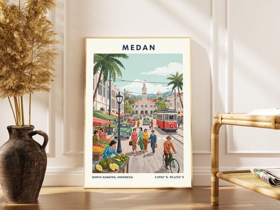 Vintage Medan Travel Print Indonesian Cityscape Gouache Wall Art