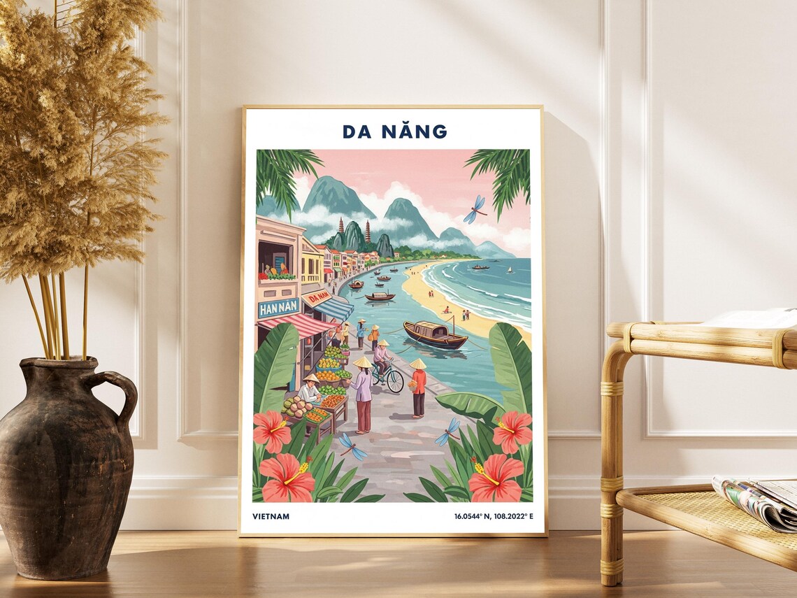 Da Nang Vietnam Vintage Coastal Street Scene Marble Mountains Poster