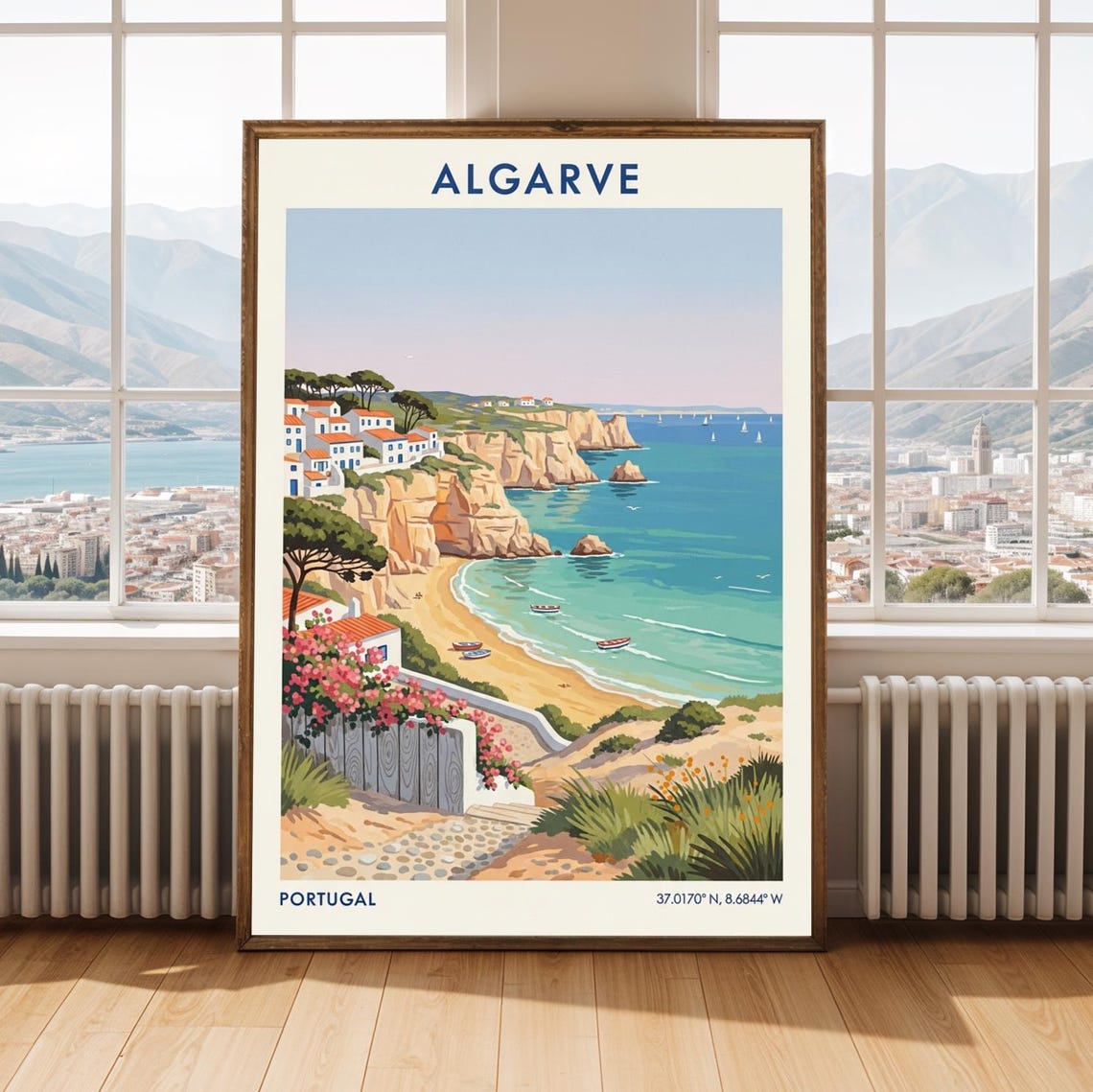 Algarve Portugal Vintage Travel Poster Golden Cliffs Beach View