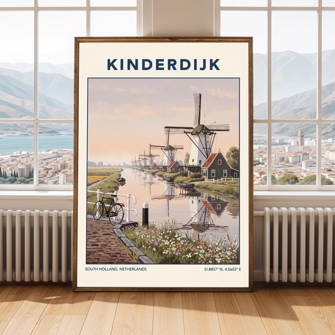 Kinderdijk Windmills Netherlands Canal Vintage Travel Poster