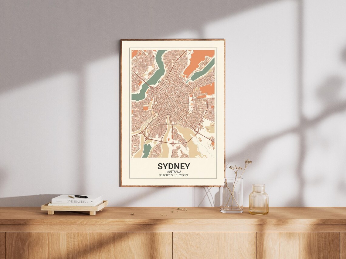 Sydney Map Art Print Orange Teal Beige Modern City Decor