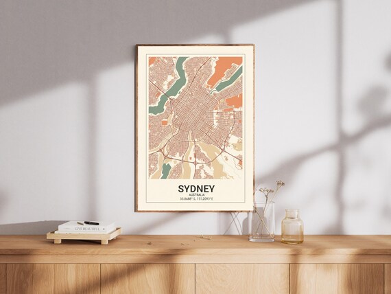Sydney Map Art Print Orange Teal Beige Modern City Decor
