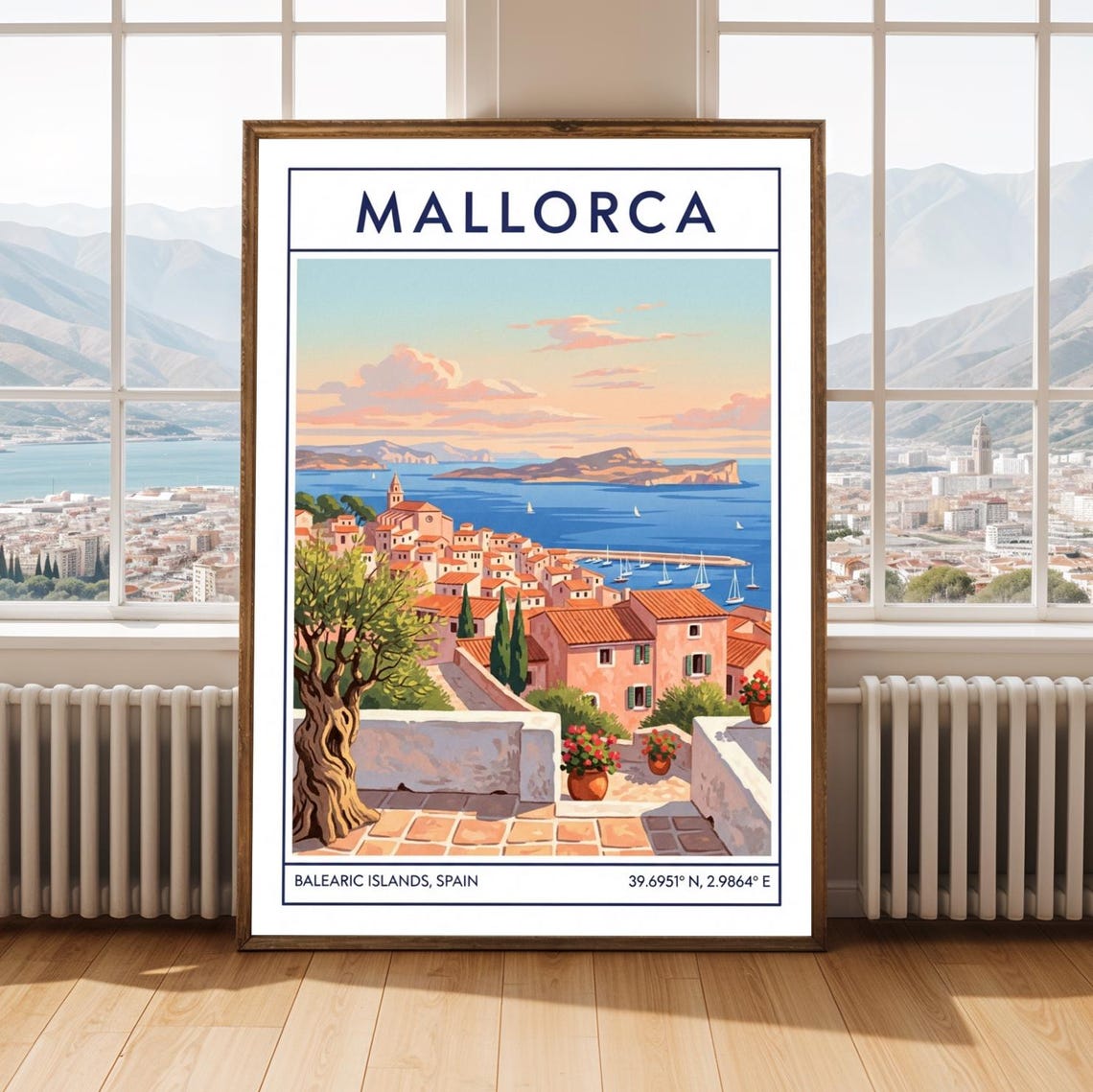 Mallorca Art Print Iberian Harbor Village Teal Coastal Illustration