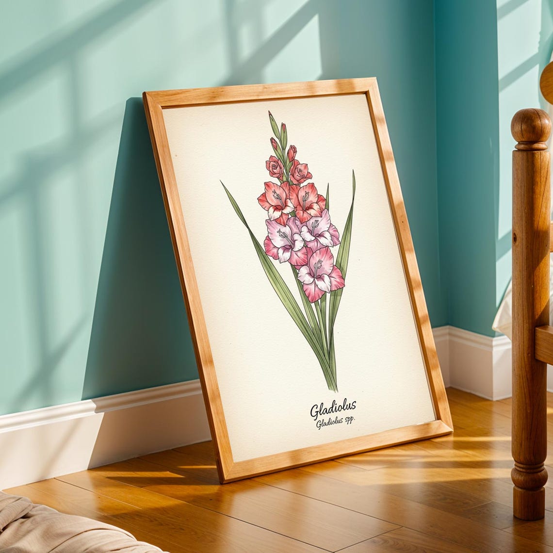 Pink Gladiolus Flower Art Print Vintage Botanical Illustration