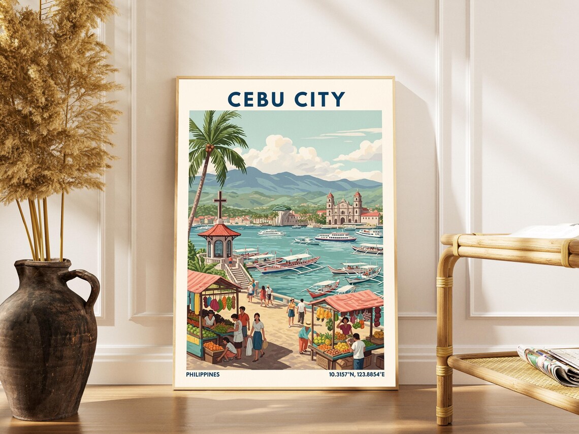 Cebu City Philippines Vintage Harbor With Boats And Market Poster