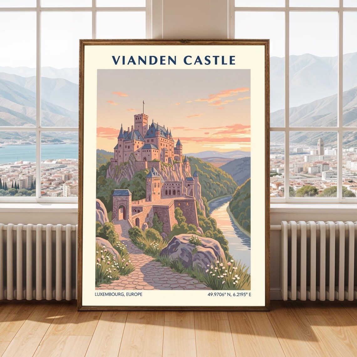 Vianden Castle Luxembourg Vintage European Travel Poster Peach Tones