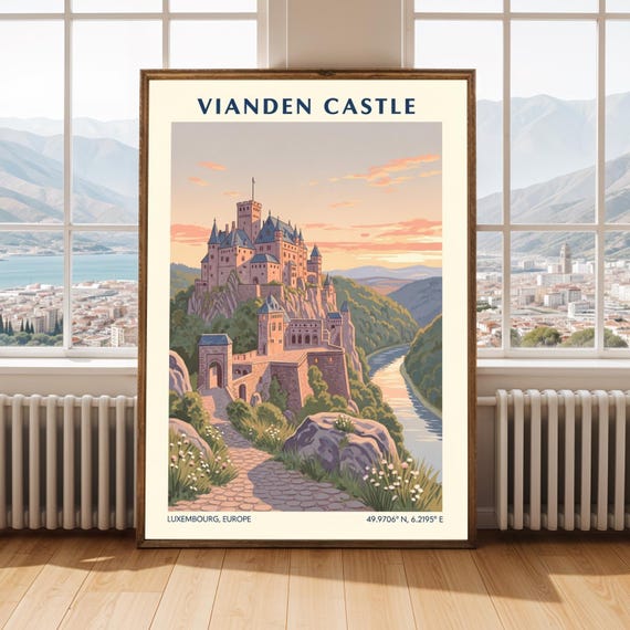 Vianden Castle Art Print Peach Pink European Travel Poster
