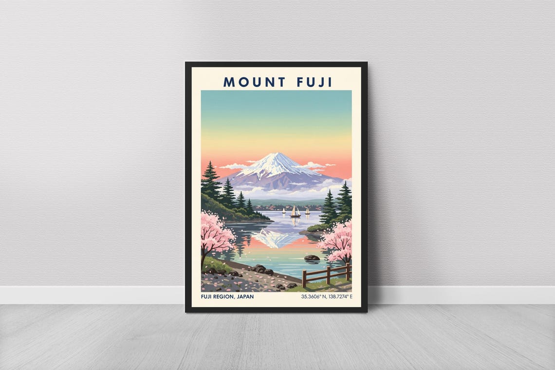 Mount Fuji Vintage Travel Poster With Cherry Blossom Lake Reflection