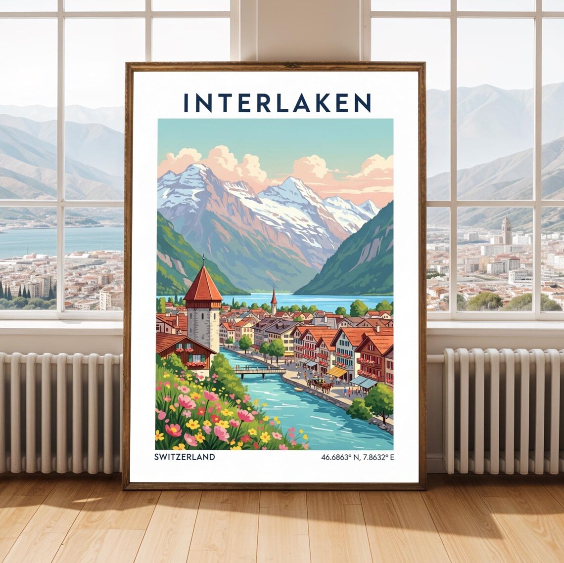 Interlaken Switzerland Vintage Travel Poster Alpine Lake Town View