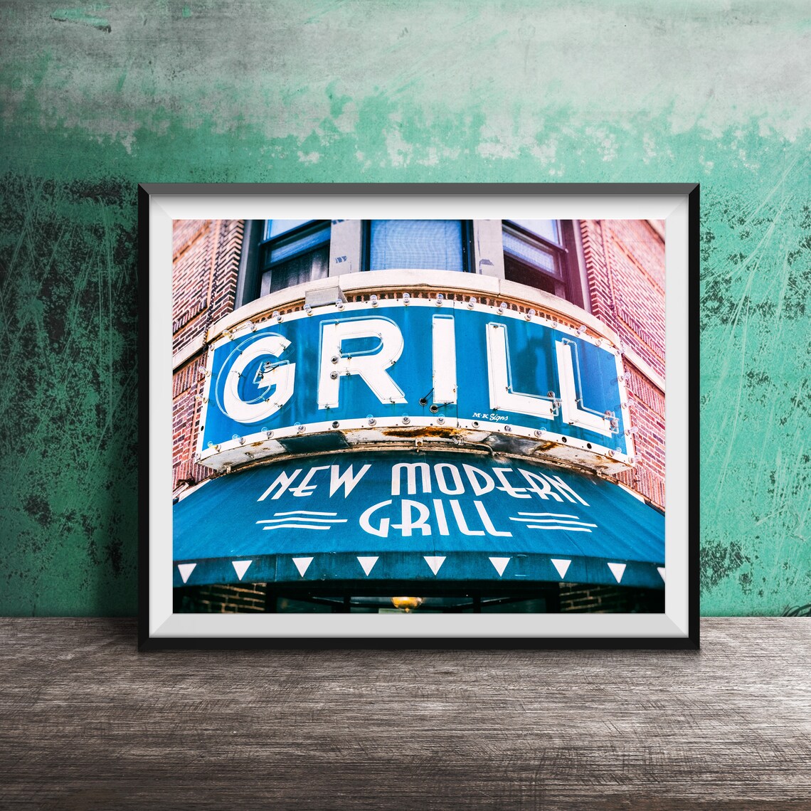 New Modern Grill Vintage Blue Neon Sign Chicago Photography Poster