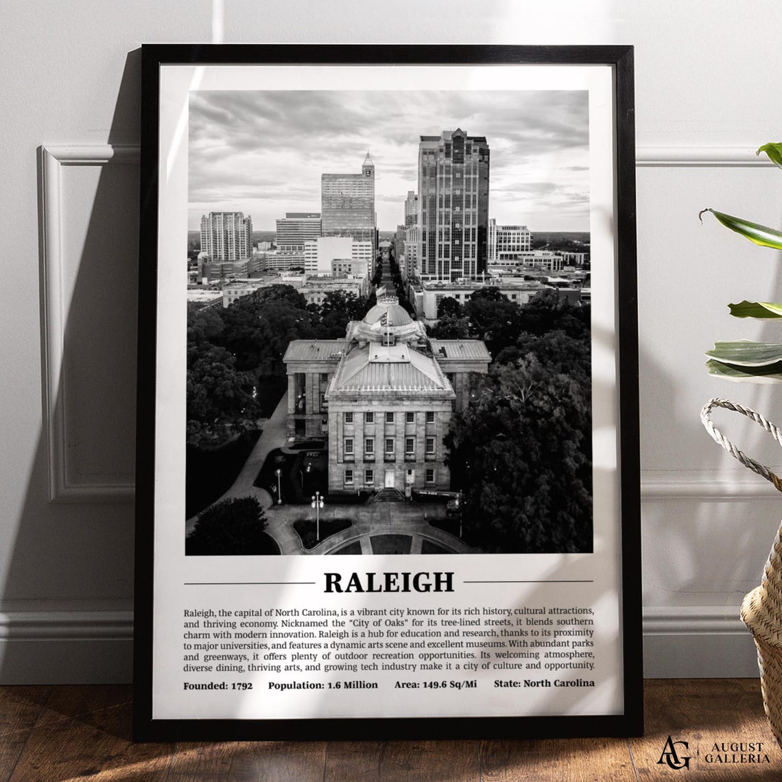 Raleigh Downtown North Carolina Black and White Skyline City Poster