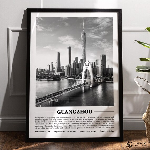 Guangzhou Canton Tower Pearl River Black White China City Travel Poster