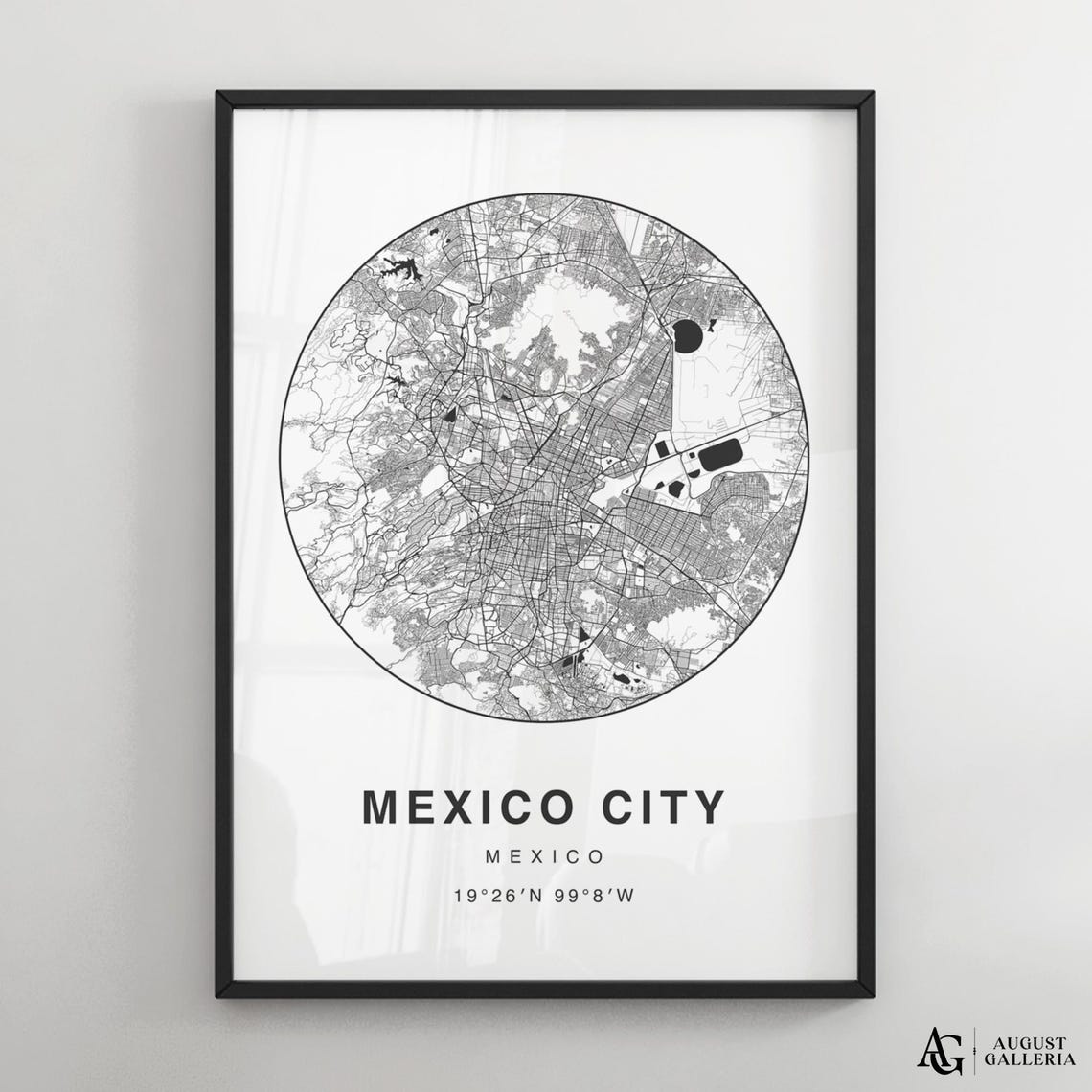 Mexico City Circular Minimalist Black White Street Map Poster