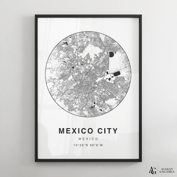 Mexico City Circular Minimalist Black White Street Map Poster