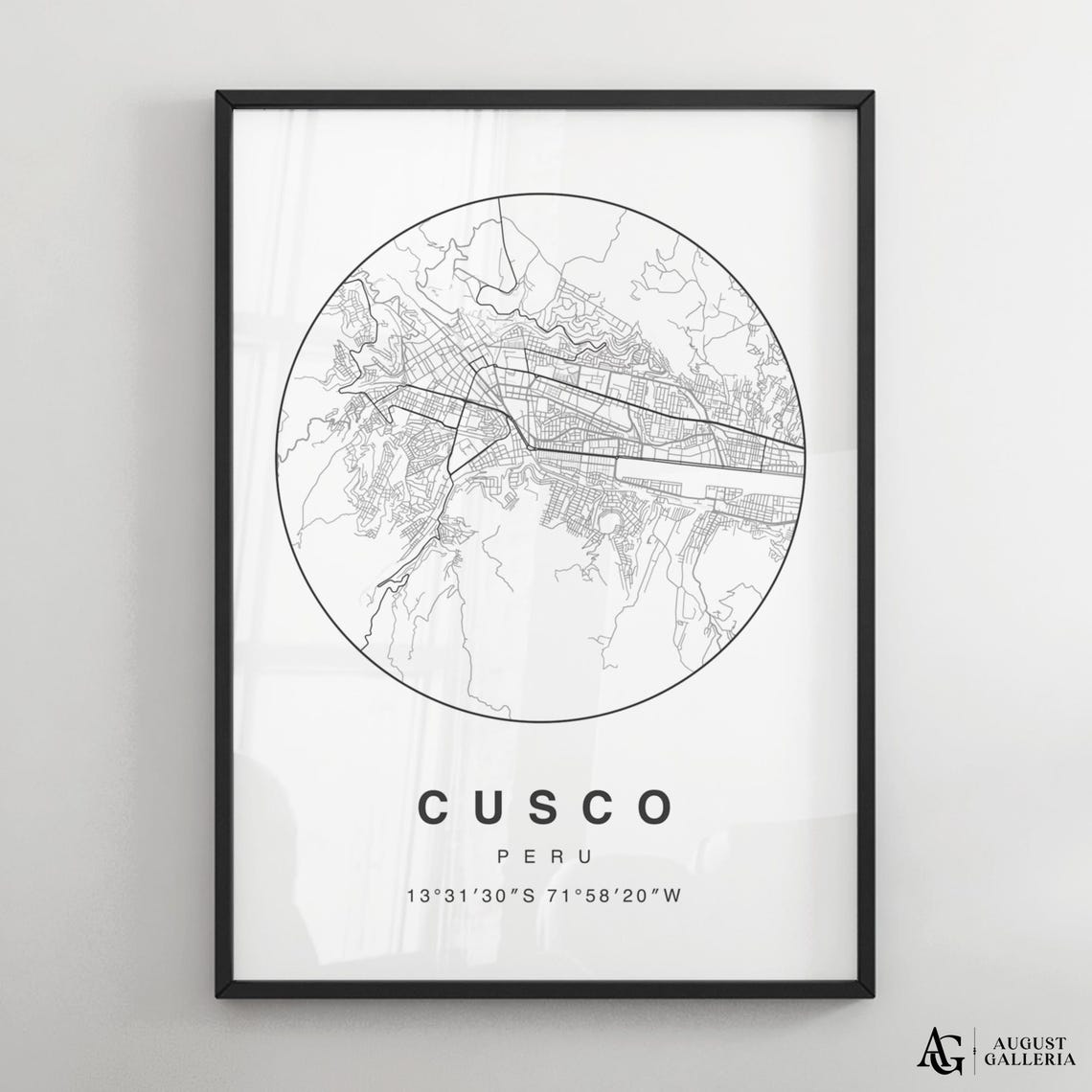 Cusco Peru Minimalist Black and White Circular City Map Poster
