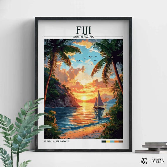 Fiji Retro Travel Print Wanderlust Posters Illustration Wall Art Framed Prints Canvas Poster