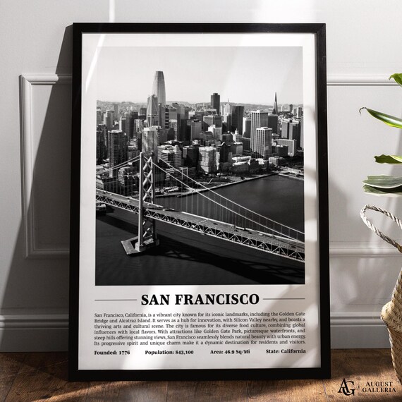 San Francisco Bay Bridge Skyline Black White City Landmarks Travel Poster