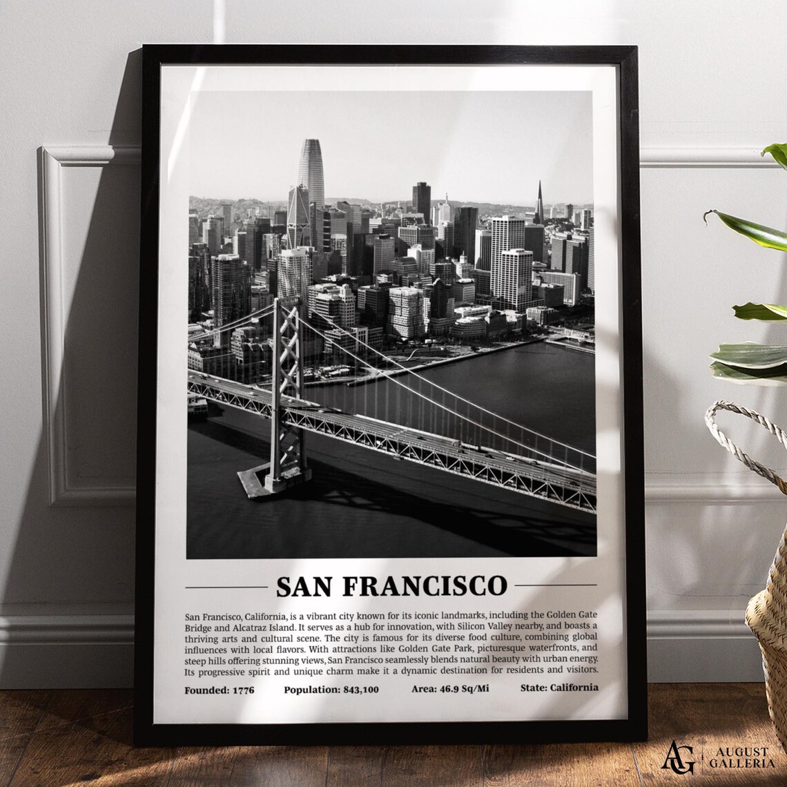 San Francisco Bay Bridge Skyline Black White City Landmarks Travel Poster
