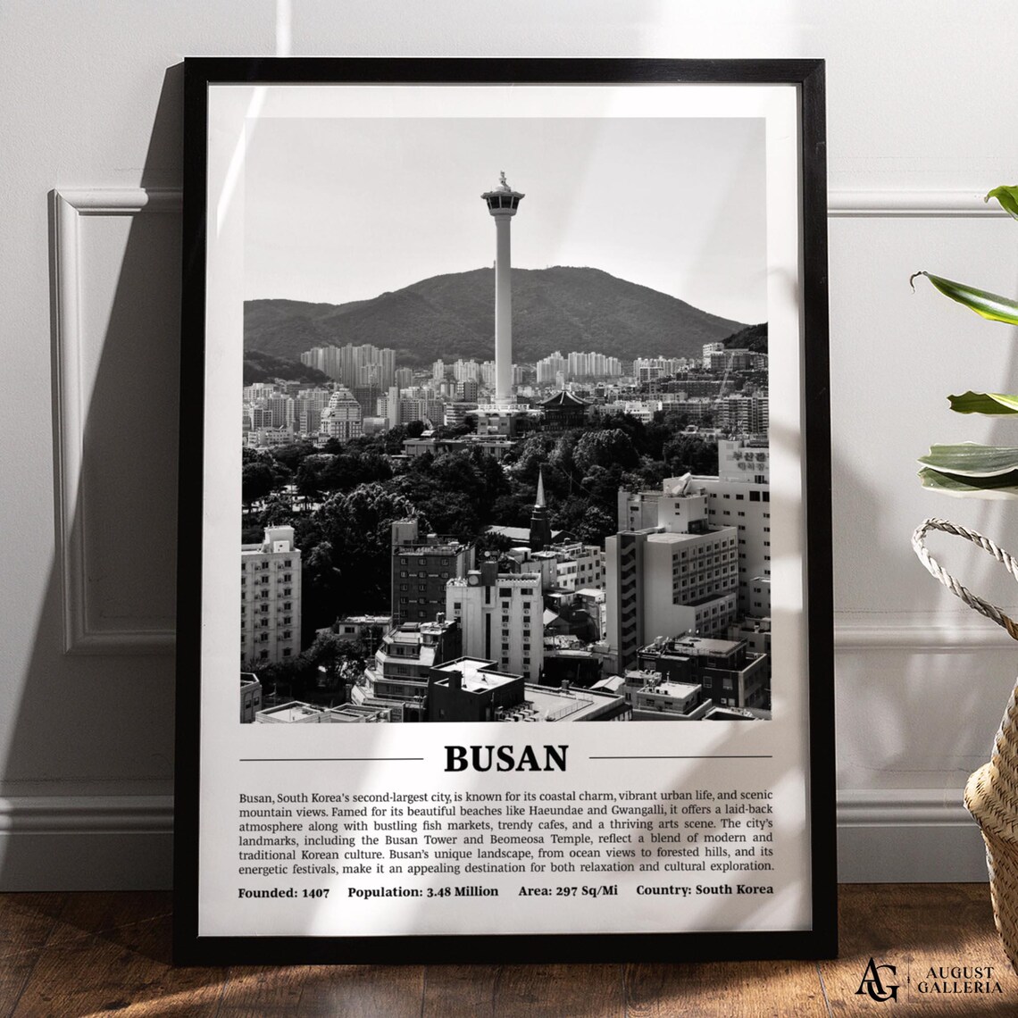 Busan Tower Cityscape Black and White South Korea Travel Poster