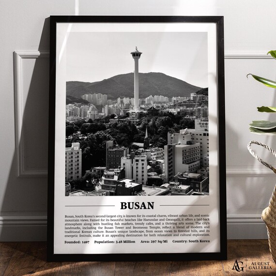 Busan Tower Cityscape Black and White South Korea Travel Poster