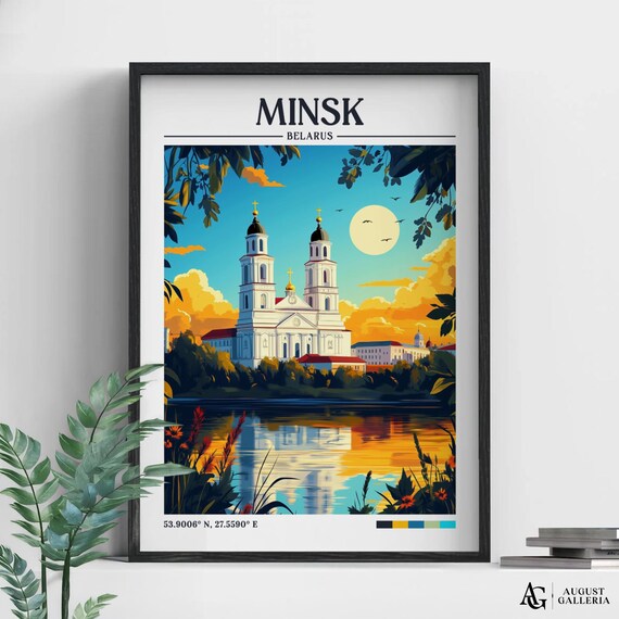 Minsk Belarus Riverside Cathedral Golden Sunset Travel Poster