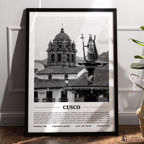 Cusco Black And White Cathedral Plaza Historic City Skyline Poster