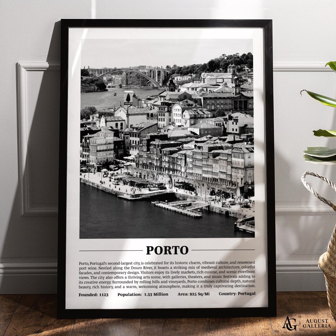 Porto Portugal Black White Douro River Riverside Homes Poster