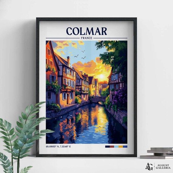 Colmar France Retro Travel Canal Half Timbered Sunset Vintage Poster
