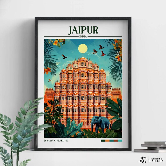 Jaipur India Hawa Mahal Palace Elephant Tropical Retro Travel Poster