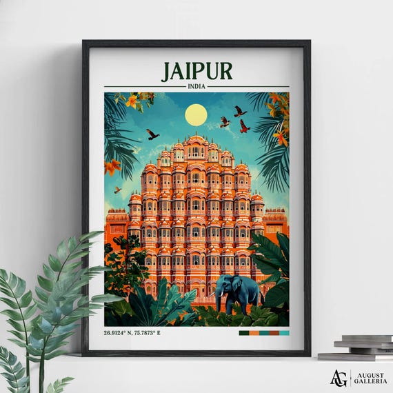 Jaipur India Retro Travel Print Wanderlust Posters Illustration Wall Art Framed Prints Canvas Poster