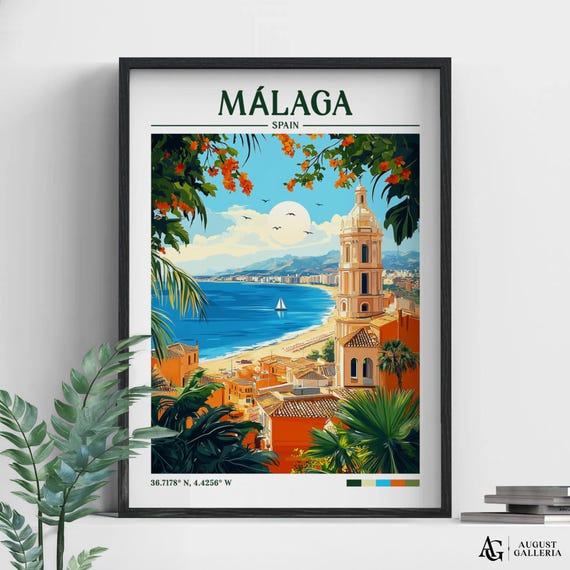 Málaga Spain Retro Travel Poster, Wanderlust Art Print
