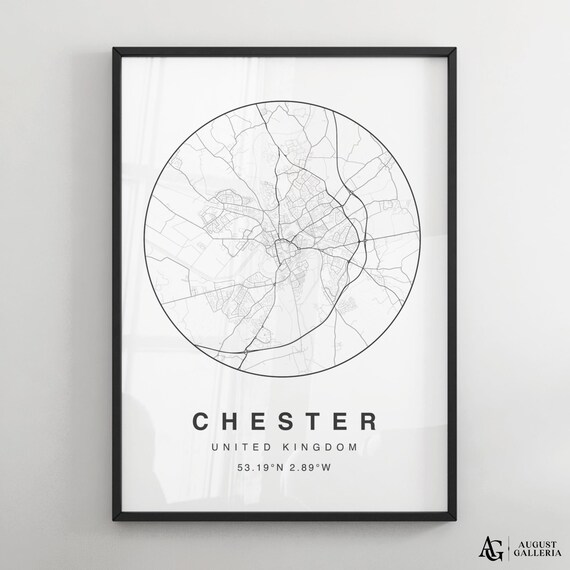 Chester United Kingdom Black White Circular City Street Map Poster
