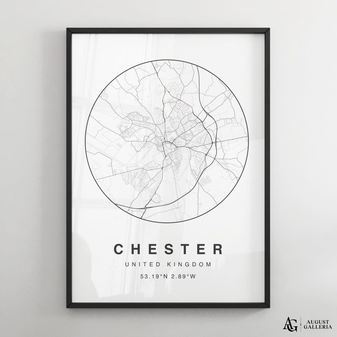 Chester United Kingdom Black White Circular City Street Map Poster