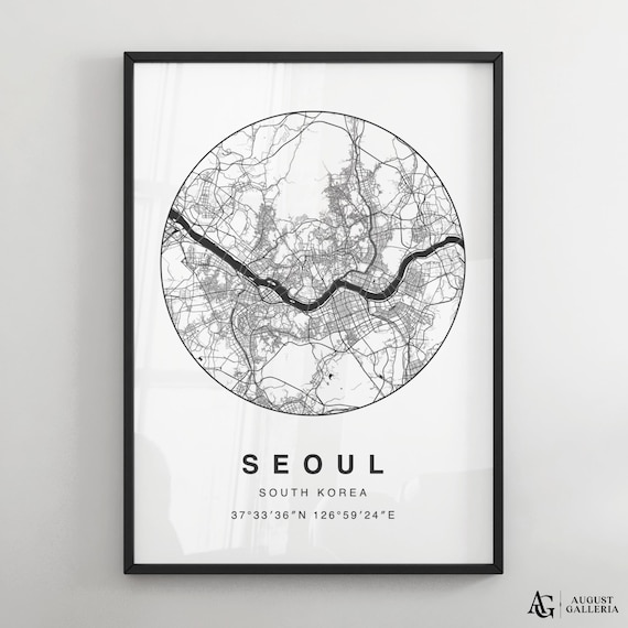 Seoul South Korea Circular Minimalist Black White Map Poster