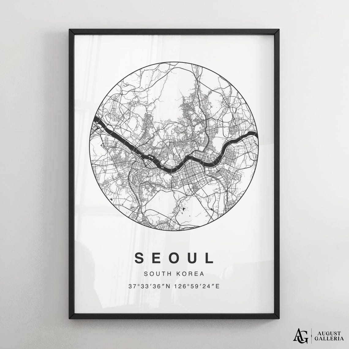 Seoul South Korea Circular Minimalist Black White Map Poster